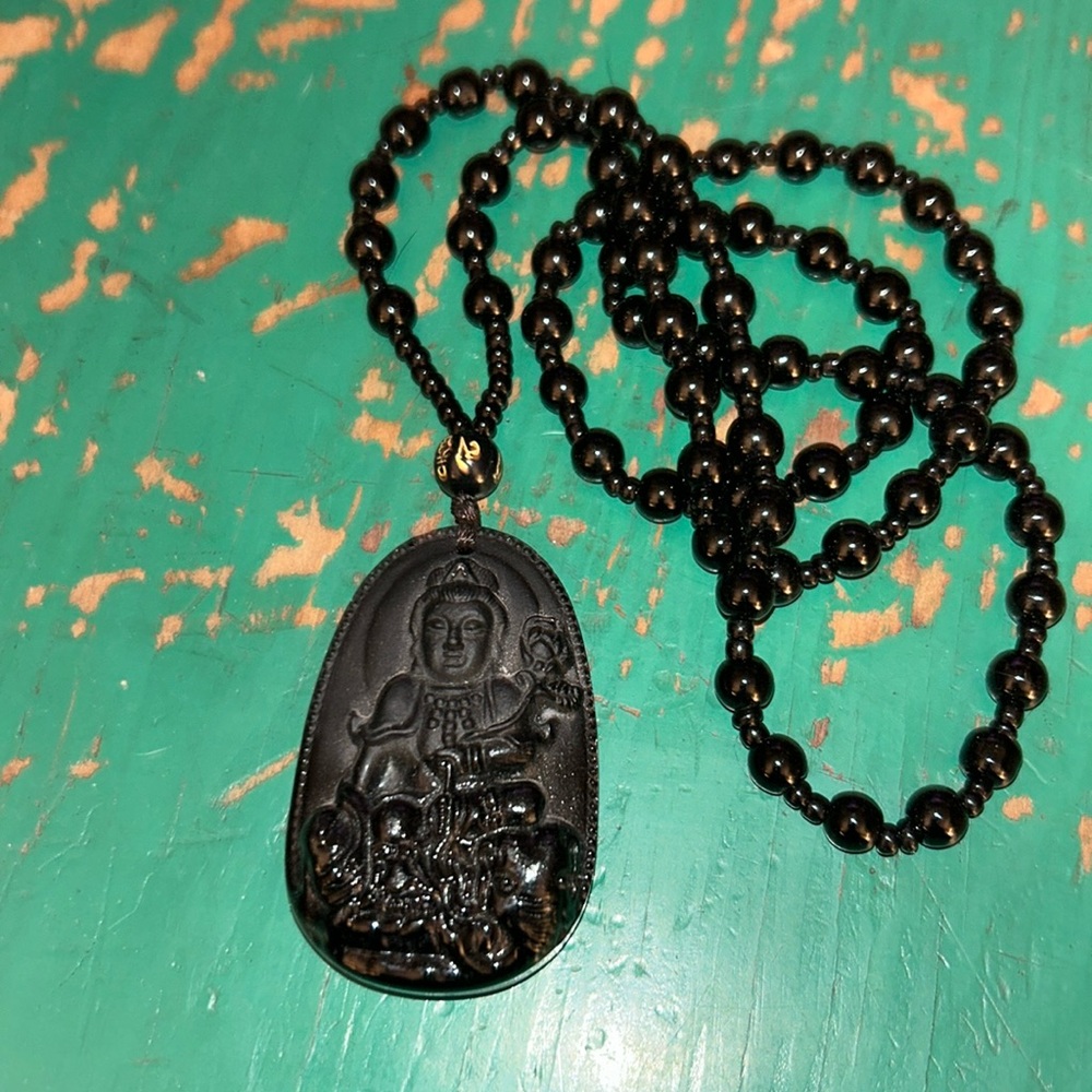 Buddha Beaded Necklace Black Obsidian Carved